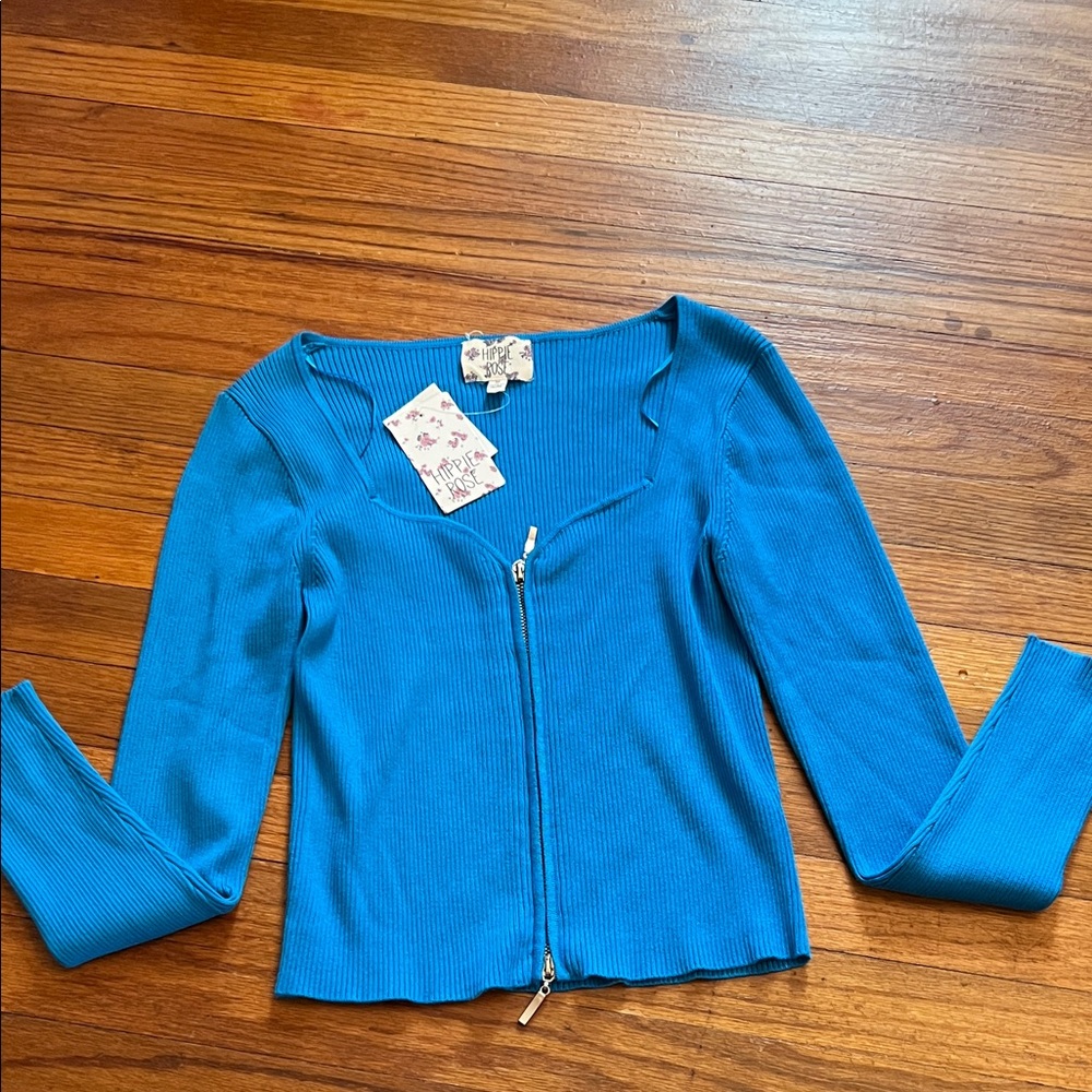 Hippie Rose Blue Ribbed Zip-Up Blouse